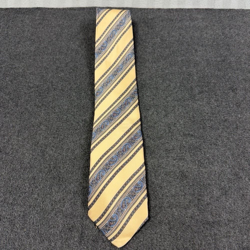 Vtg Tom James Custom Apparel Silk Tie Yellow Blue Striped Paisley Panel Mens